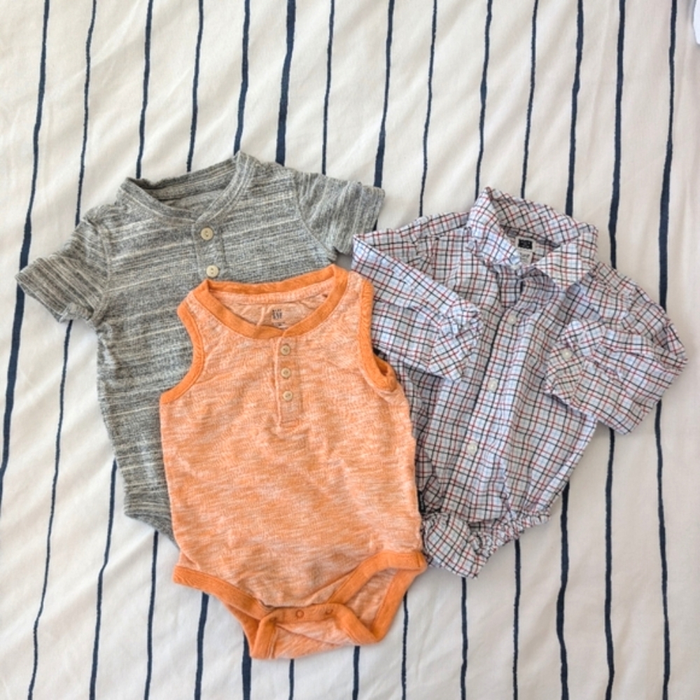 Set of Three Baby Bodysuits in Gray, Orange, and Plaid